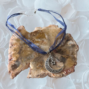 Celestial Crescent Moon & Star Necklace | Midnight Blue Lace Choker | Dark